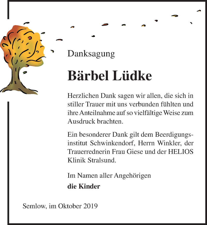  Traueranzeige für Bärbel Lüdke vom 02.11.2019 aus Ostsee-Zeitung GmbH