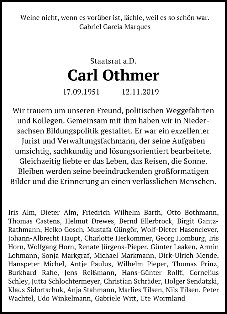  Traueranzeige für Carl Othmer vom 20.11.2019 aus Hannoversche Allgemeine Zeitung/Neue Presse
