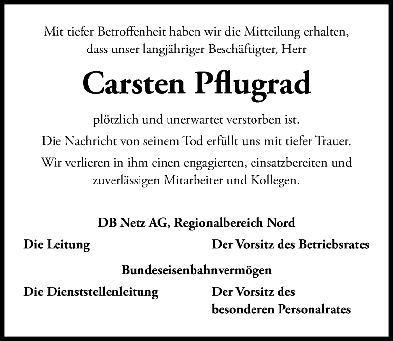  Traueranzeige für Carsten Pflugrad vom 01.11.2019 aus Hannoversche Allgemeine Zeitung/Neue Presse