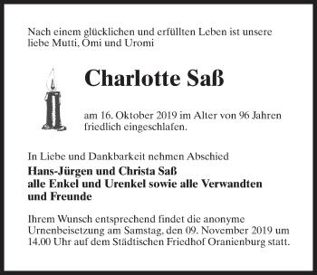 Traueranzeige von Charlotte Saß von Märkischen Allgemeine Zeitung