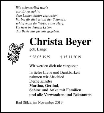 Traueranzeige von Christa Beyer von Ostsee-Zeitung GmbH