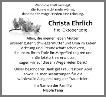 Traueranzeige von Christa Ehrlich von Eichsfelder Tageblatt