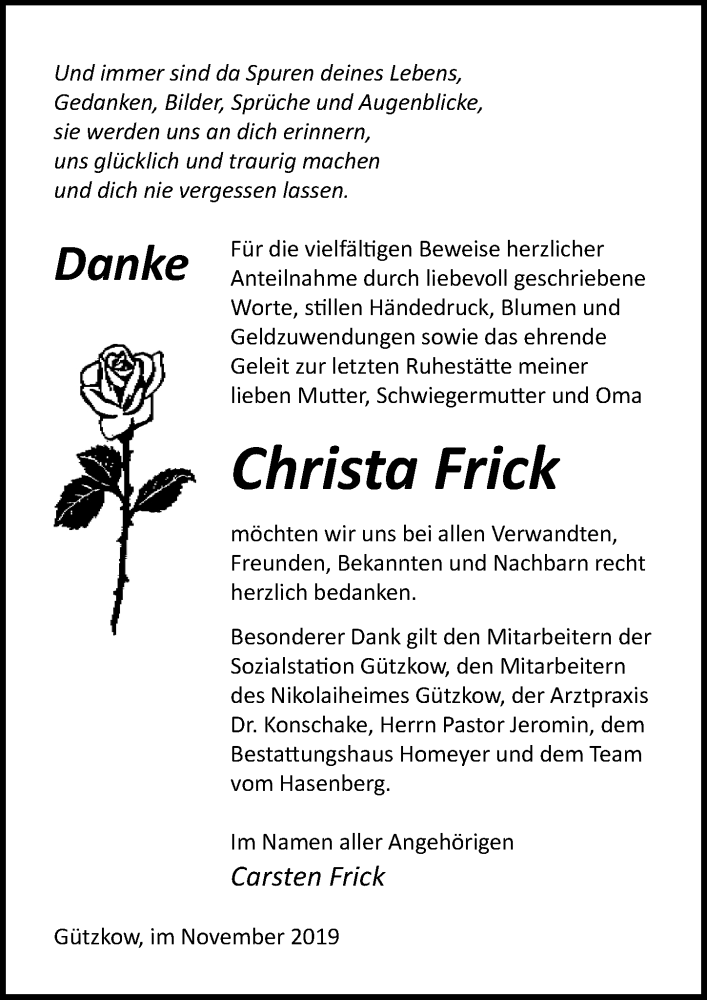  Traueranzeige für Christa Frick vom 23.11.2019 aus Ostsee-Zeitung GmbH