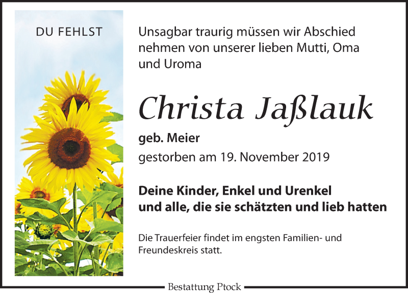  Traueranzeige für Christa Jaßlauk vom 30.11.2019 aus Leipziger Volkszeitung