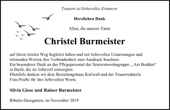 Traueranzeige von Christel Burmeister von Ostsee-Zeitung GmbH