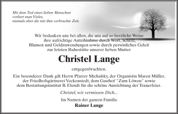 Traueranzeige von Christel Lange von Märkischen Allgemeine Zeitung