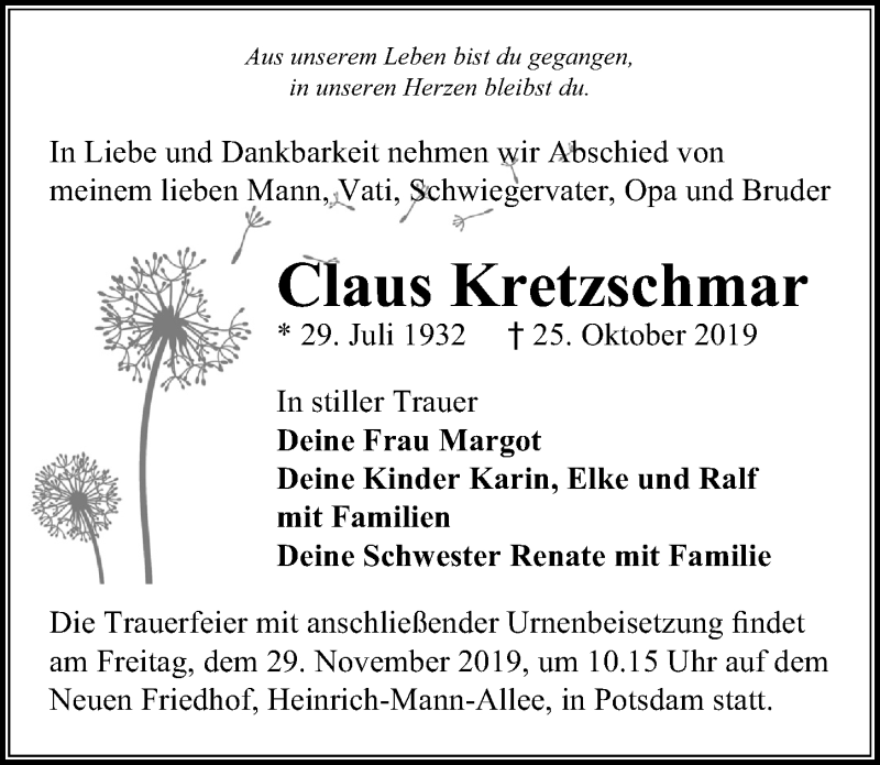  Traueranzeige für Claus Kretzschmar vom 16.11.2019 aus Märkischen Allgemeine Zeitung