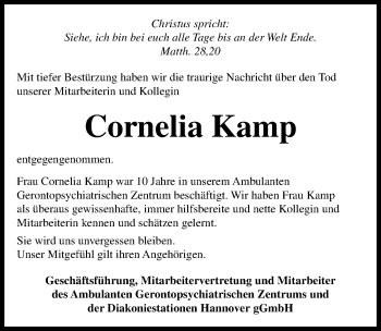 Traueranzeige von Cornelia Kamp von Hannoversche Allgemeine Zeitung/Neue Presse