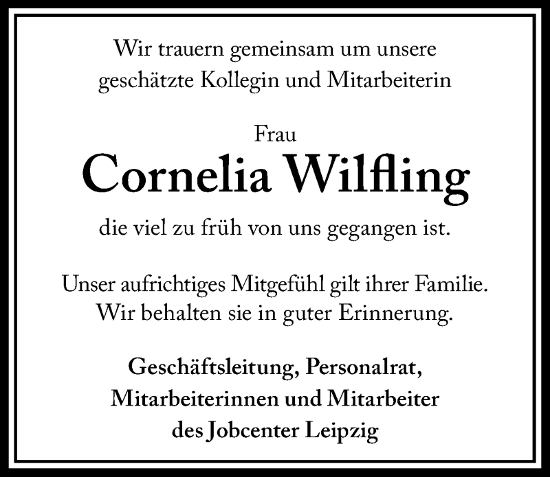  Traueranzeige für Cornelia Wilfling vom 09.11.2019 aus Leipziger Volkszeitung