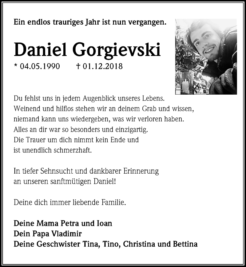  Traueranzeige für Daniel Gorgievski vom 30.11.2019 aus Göttinger Tageblatt
