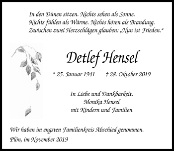 Traueranzeige von Detlef Hensel von Kieler Nachrichten