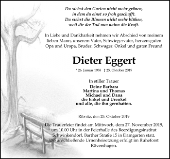 Traueranzeige von Dieter Eggert von Ostsee-Zeitung GmbH