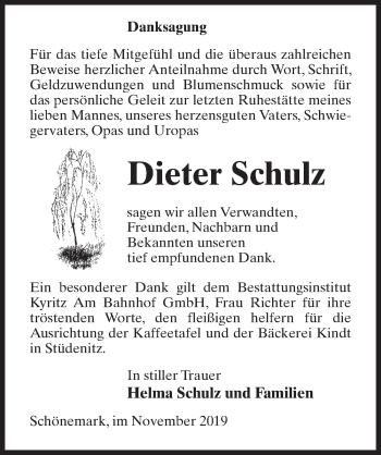 Traueranzeige von Dieter Schulz von Märkischen Allgemeine Zeitung