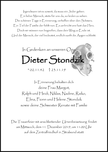 Traueranzeige von Dieter Stondzik von Ostsee-Zeitung GmbH