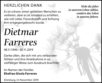 Traueranzeige von Dietmar Farreres von Leipziger Volkszeitung