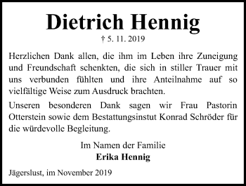 Traueranzeige von Dietrich Hennig von Kieler Nachrichten