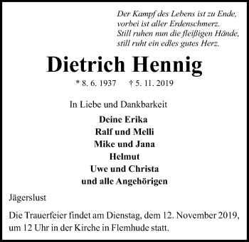 Traueranzeige von Dietrich Hennig von Kieler Nachrichten