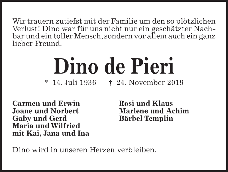  Traueranzeige für Dino de Pieri vom 27.11.2019 aus Kieler Nachrichten