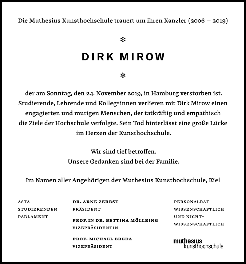  Traueranzeige für Dirk Mirow vom 30.11.2019 aus Kieler Nachrichten