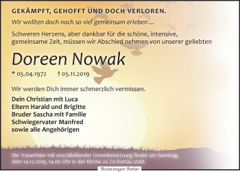 Traueranzeige von Doreen Nowak von Leipziger Volkszeitung