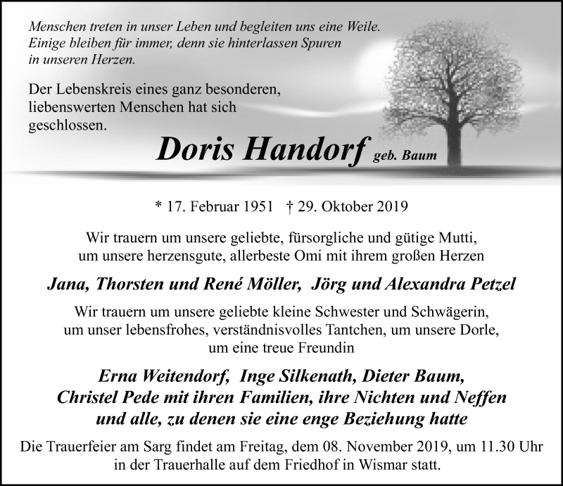  Traueranzeige für Doris Handorf vom 02.11.2019 aus Ostsee-Zeitung GmbH