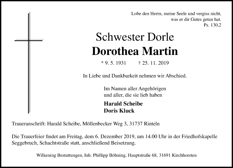  Traueranzeige für Dorothea Martin vom 30.11.2019 aus Schaumburger Nachrichten