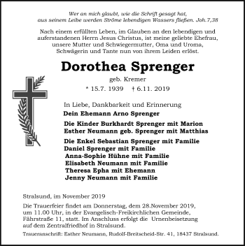 Traueranzeige von Dorothea Sprenger von Ostsee-Zeitung GmbH