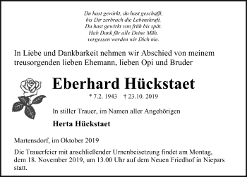 Traueranzeige von Eberhard Hückstaet von Ostsee-Zeitung GmbH