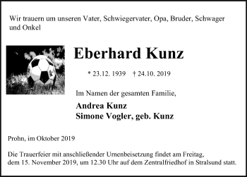 Traueranzeige von Eberhard Kunz von Ostsee-Zeitung GmbH