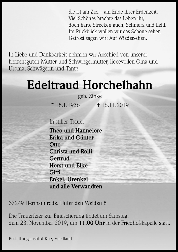  Traueranzeige für Edeltraud Horchelhahn vom 19.11.2019 aus Göttinger Tageblatt