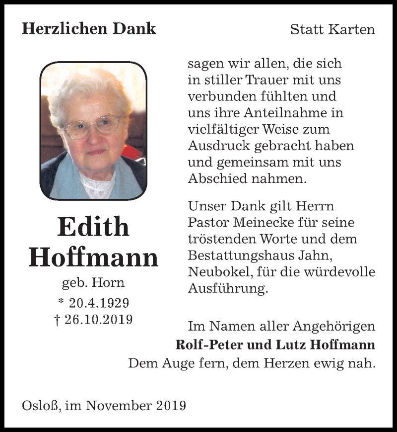 Traueranzeigen von Edith Hoffmann | trauer-anzeigen.de
