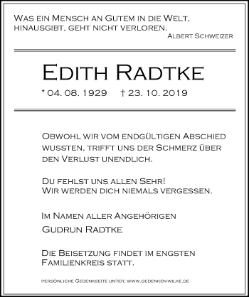 Traueranzeige von Edith Radtke von Märkischen Allgemeine Zeitung