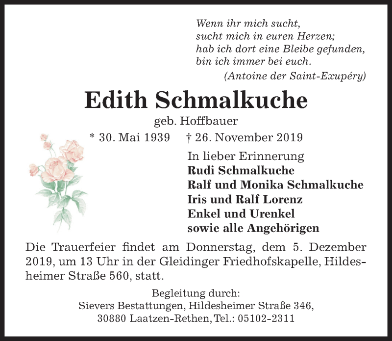  Traueranzeige für Edith Schmalkuche vom 30.11.2019 aus Hannoversche Allgemeine Zeitung/Neue Presse