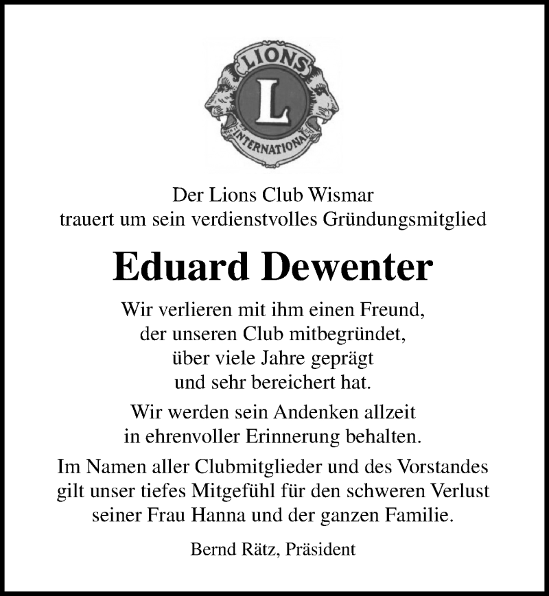  Traueranzeige für Eduard Dewenter vom 23.11.2019 aus Ostsee-Zeitung GmbH