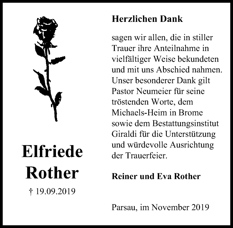  Traueranzeige für Elfriede Rother vom 02.11.2019 aus Aller Zeitung