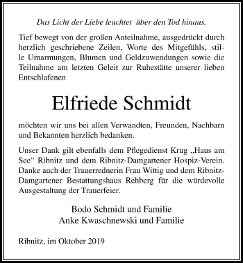 Traueranzeige von Elfriede Schmidt von Ostsee-Zeitung GmbH