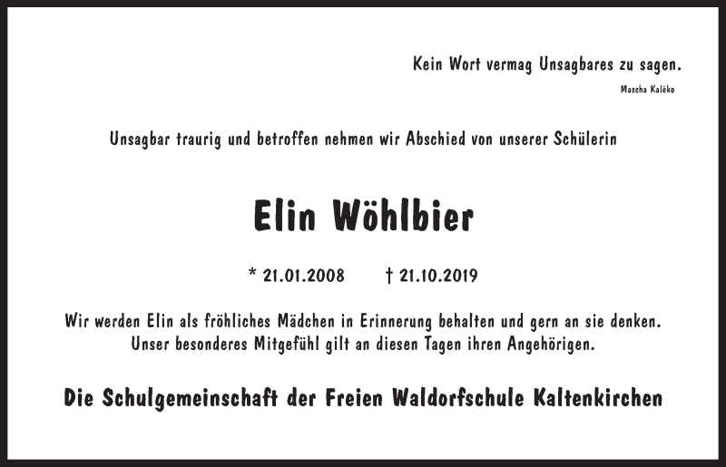  Traueranzeige für Elin Wöhlbier vom 09.11.2019 aus Kieler Nachrichten