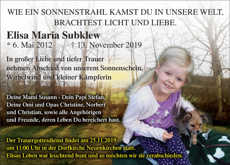  Traueranzeige für Elisa Maria Subklew vom 23.11.2019 aus Ostsee-Zeitung GmbH
