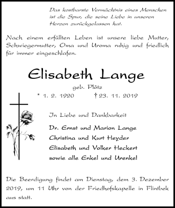 Traueranzeige von Elisabeth Lange von Kieler Nachrichten