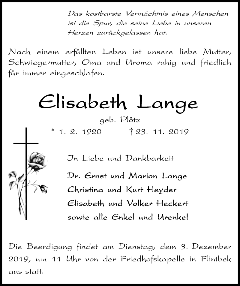  Traueranzeige für Elisabeth Lange vom 30.11.2019 aus Kieler Nachrichten