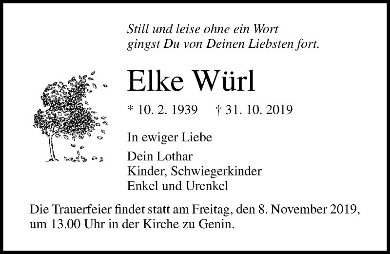  Traueranzeige für Elke Würl vom 06.11.2019 aus Lübecker Nachrichten
