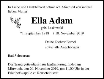 Traueranzeige von Ella Adam von Lübecker Nachrichten