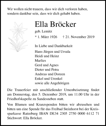 Traueranzeige von Ella Bröcker von Lübecker Nachrichten