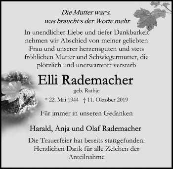 Traueranzeige von Elli Rademacher von Lübecker Nachrichten