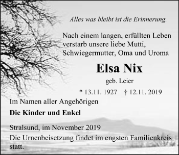 Traueranzeige von Elsa Nix von Ostsee-Zeitung GmbH