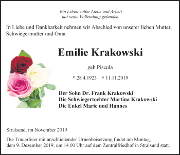 Traueranzeige von Emilie Krakowski von Ostsee-Zeitung GmbH