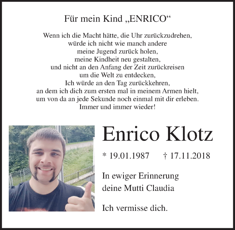  Traueranzeige für Enrico Klotz vom 23.11.2019 aus Ostsee-Zeitung GmbH
