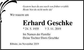 Traueranzeige von Erhard Geschke von Ostsee-Zeitung GmbH