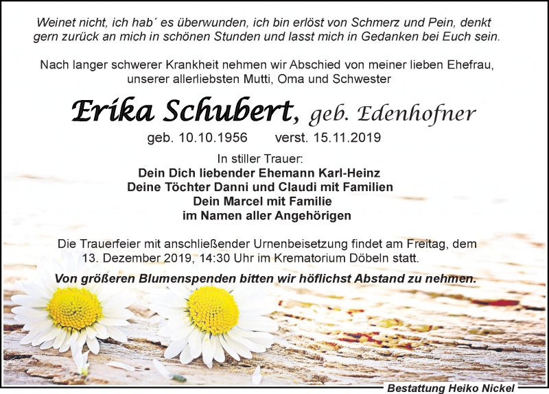  Traueranzeige für Erika Schubert vom 23.11.2019 aus Leipziger Volkszeitung