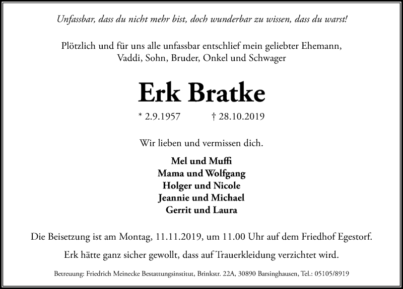  Traueranzeige für Erk Bratke vom 06.11.2019 aus Hannoversche Allgemeine Zeitung/Neue Presse